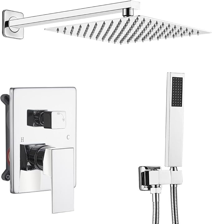 annazom Rain Shower System Set with 10 Inch Large Shower Head High Pressure 2 Function Recessed Shower Valve Mixer Chrome Surface for Bathroom Remodel, Chrome