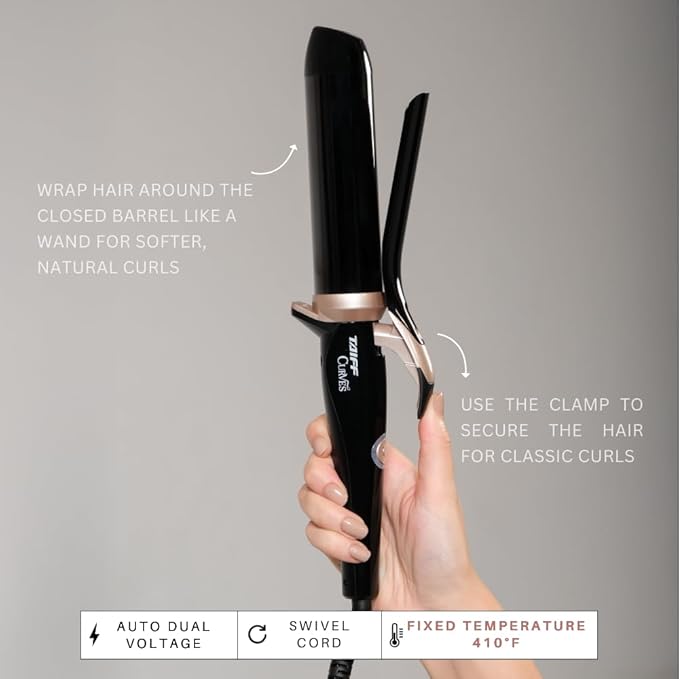 TAIFF Curves Professional Black Titanium Curling Iron – High-Performance Hair Curler & Rizadora para Cabello with Dual Voltage | Fixed Temperature 410°F | 1 1/2”