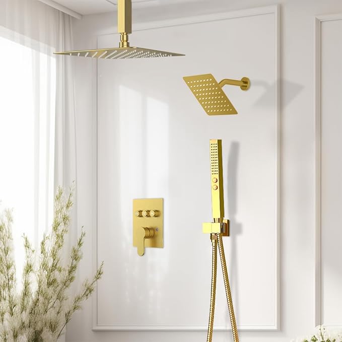 Brushed Gold Shower System, STARBATH 12+8" Rainfall Shower System with Square Shower Head and Handle Set Ceiling Mount, Can Use All at Once Push Button Diverter Pressure Balancing Valve with Trim Kit