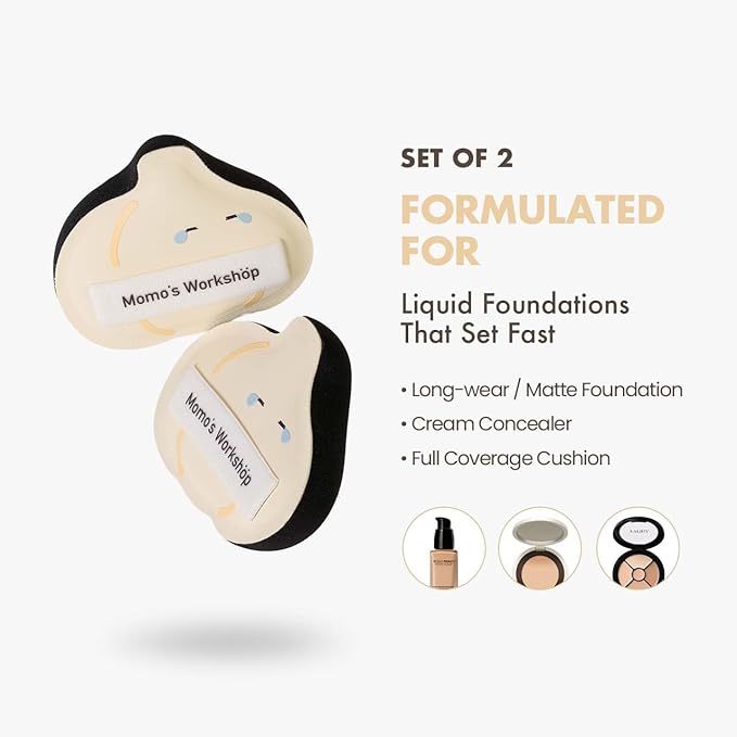 Momo's Workshop Crying Garlic Makeup Sponge 2-Pack, Hydrophilic PU for Sheer Finish, Dry&Wet Use,Pointed Tip for Concealer & Flat Side for Foundation, Flawless Sheer Finish with Travel Case