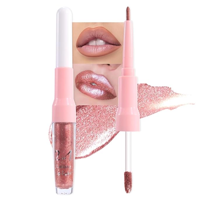 evpct Rose Gold Metallic Glitter Lip Liner and Lipstick Combo Lip Gloss Stain Set Makeup for Women Long Lasting Waterproof 24, Nude Pink Frosted Metallic Shimmer Glossy iridescent Liquid Lipstick 04