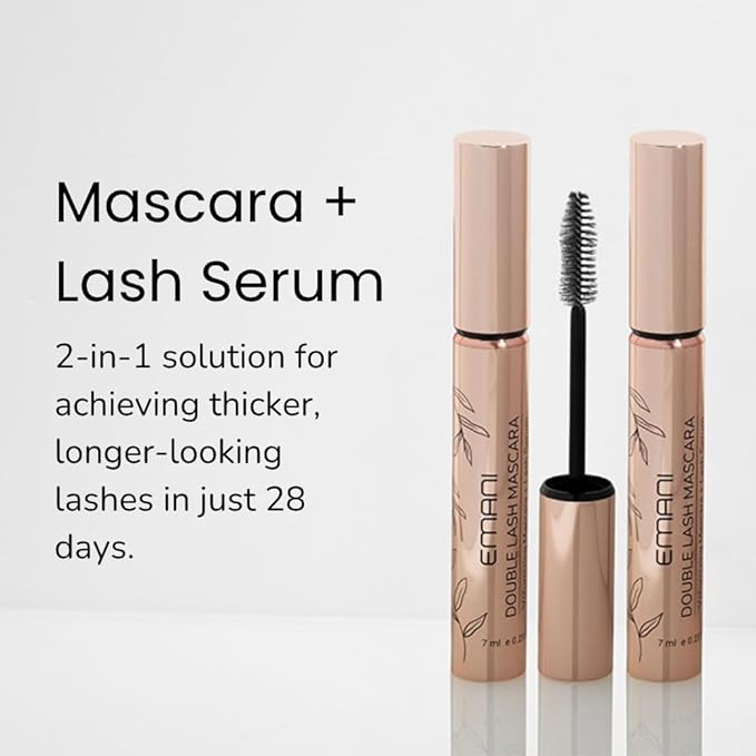 Emani Double Lash Mascara, Black, 3X Volume, Length & Lift, Hypoallergenic for Sensitive Eyes, Vegan & Cruelty-Free, Granite