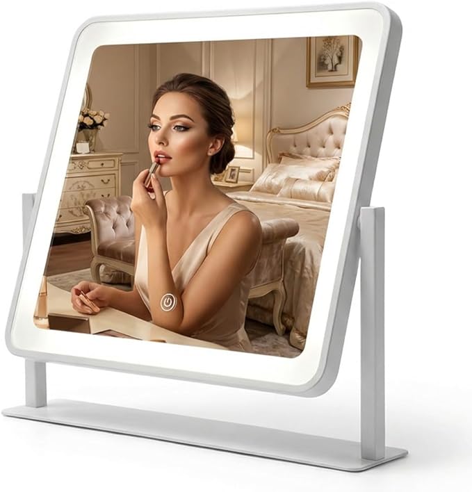 Vanity Mirror with Lights, 14"×12" Makeup Mirror with Lights, LED Makeup Mirror, Smart Touch with 3 Color Lighting Modes, Brightness Adjustable, for Bedroom Tabletop - White