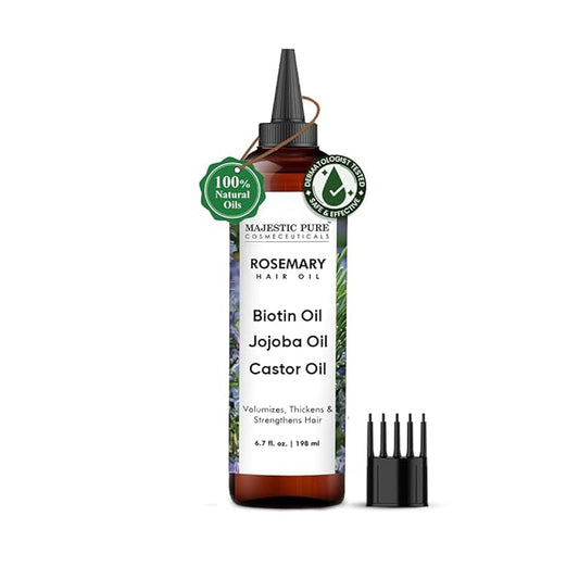 Majestic Pure 100% Pure Rosemary Oil with Biotin for Hair Care, Strengthening, Nourishing, and Volumizing Formula with Jojoba Oil and Castor Oil - Non GMO Verified, 198 ml