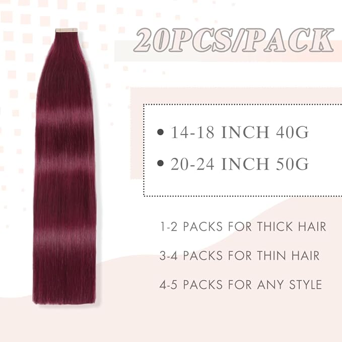 Tape in Hair Extensions Human Hair Burgundy Remy Hair Extensions 20pcs 14 Inch Straight Invisible Human Hair Tape in Extensions Skin Weft Tape Extensions Human Hair (99J#,14 Inch)