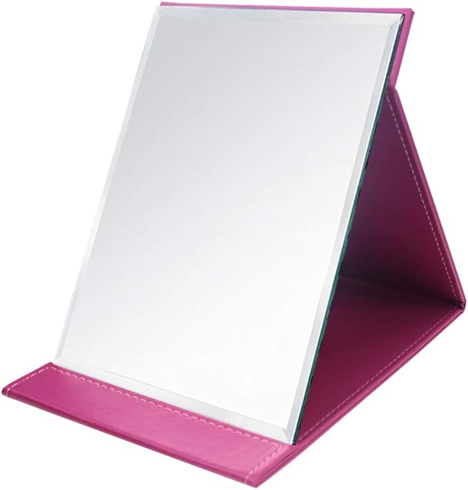 Desk Mirror, Pu Leather Portable Folding Desktop Makeup Mirror with Adjustable Stand for Home Office Travelling (L, Rose)