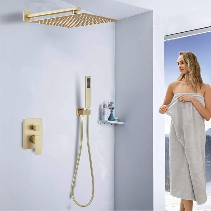 YCAIKOI Shower Faucet Set 16 Inch Wall Mount Rain Shower System, All Metal Shower Fixtures - Brushed Gold