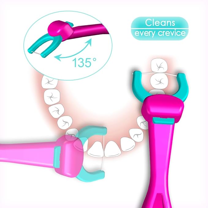 T.Smile Kids Evolutionary Clean Dental Flosser Kit, Child-Sized Handle & Refills, Fluoride Free, for Ages 3+, (Green Handle + 120 Refills)