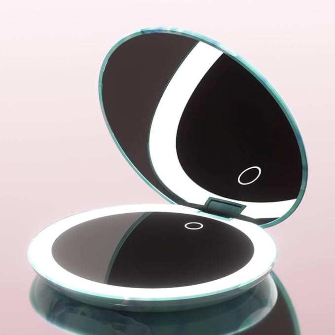 Fancii Taylor LED Lighted Travel Makeup Mirror, Rechargeable, 10x /1x Magnifying, Tru-Glow Lighting System, XL Large 5” Wide | Compact Mirror for Purses (Sea Serenity)