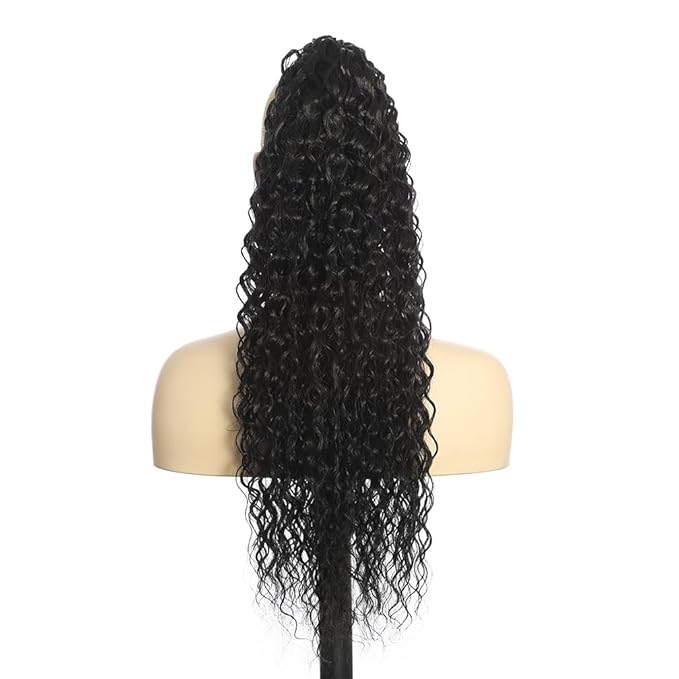 Deep Wave Ponytail Extension for Women 24 Inch Black Curly Wavy Ponytail Hair Extensions Drawstring with Clips Short Synthetic Hairpiece for Daily and Party