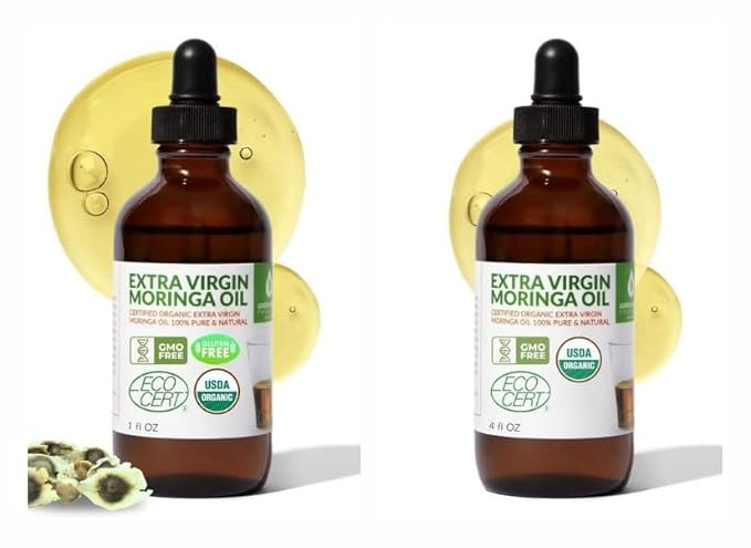 Organic Moringa Oil Bundle – Cold Pressed, Extra Virgin, 100% Pure, Food Grade – 4oz Full Size + 1oz Travel Bottle – Deep Moisturizing, Anti-Aging, Multi-Purpose Skin & Hair Oil