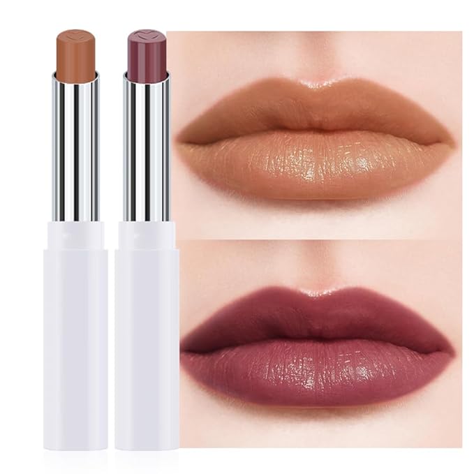HHLTOH 2Pcs Tinted Lip Balm Moisturizing Lipstick – Waterproof Hydrating Matte Lip Balm for Women, Creamy Natural Color Stain for Dry Lips, Soft Matte Finish (1# Warm Orange Nude Brown & 4# Mauve)
