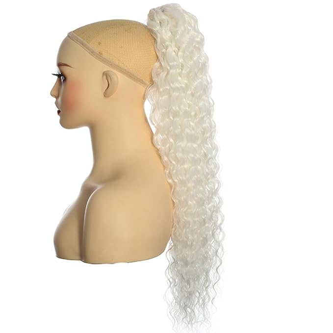 Deep Wave Ponytail Extension for Women 12 Inch White Curly Wavy Ponytail Hair Extensions Drawstring with Clips Short Synthetic Hairpiece for Daily and Party