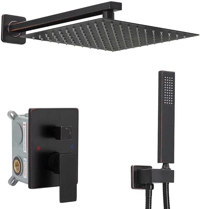 YCAIKOI Shower Faucet Set Complete, Wall Mount Shower System for Bathroom 12 Inch High-Pressure Rainfall Shower with Handheld, Rough-in Valve Body and Trim Kit, Oil Rubbed Bronze