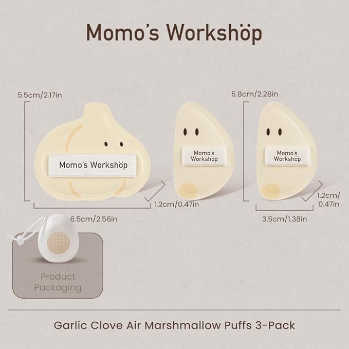 Momo's Workshop 3-Pack Garlic Shape Makeup Puffs, High-Density Rubycell for Oil Control & Full Coverage, Firm PU Leather Backing for Flawless Cream Skin Finish, for Liquid & Cream Makeup
