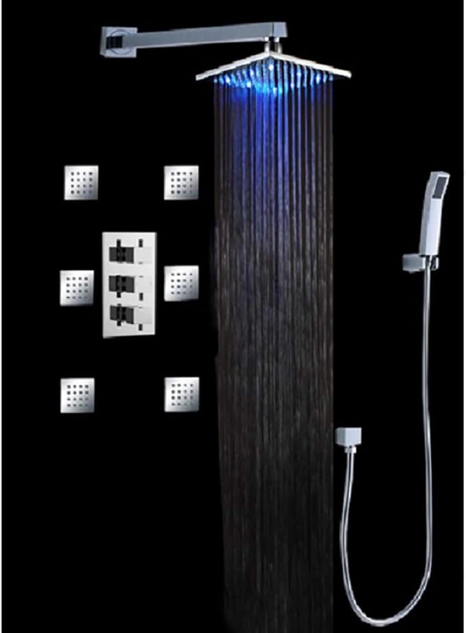 Cascada Luxury Bathroom Shower Set with Luxury 12" Water Power LED Shower Head (Wall Mount) Rainfall Thermostatic 6 Massage Jets Spray Body Shower Set, Antique Brushed Brass Finish