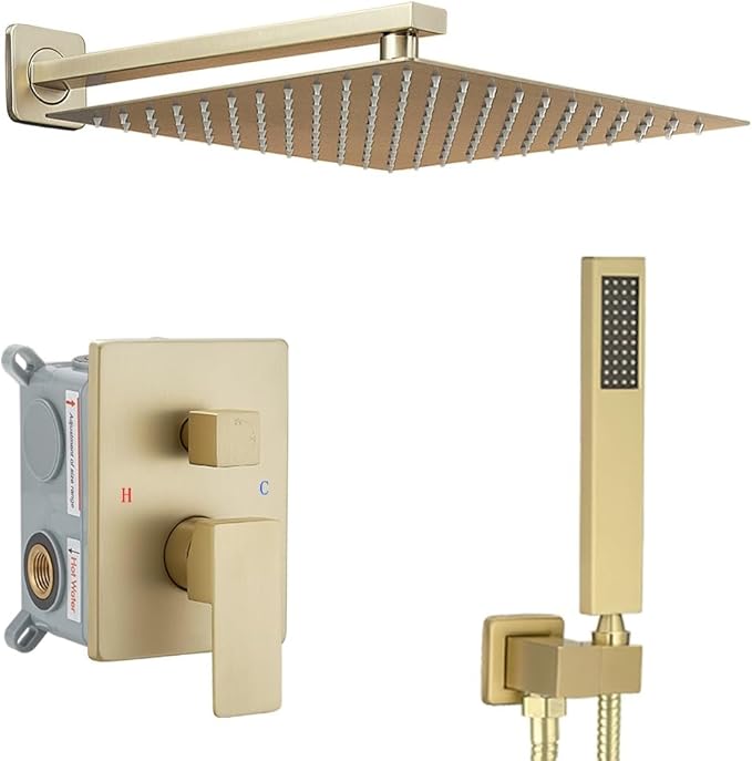 YCAIKOI Shower Faucet Set Complete, Wall Mount Shower System for Bathroom 12 Inch High-Pressure Rainfall Shower with Handheld, Rough-in Valve Body and Trim Kit, Brushed Gold