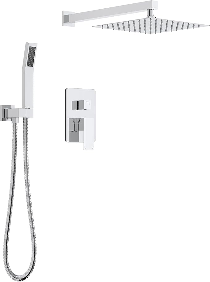 Longriver Shower Faucet Set, Shower System Bathroom High Pressure 10 Inches Rainfall Shower Head with Handheld Spray, Wall Mounted Shower Fixtures with Shower Valve and Trim Kit, Polished Chrome