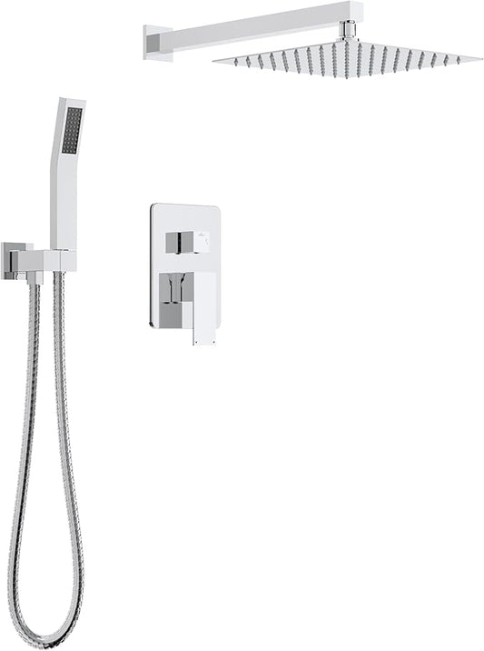 Longriver Shower Faucet Set, Shower System Bathroom High Pressure 10 Inches Rainfall Shower Head with Handheld Spray, Wall Mounted Shower Fixtures with Shower Valve and Trim Kit, Polished Chrome
