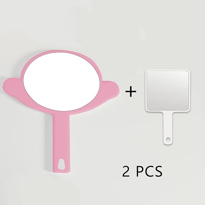 Hand Mirror, 2 Pcs Big + Small Compact Hand Mirrors with Handle, Salon Hairdressing Bathroom Barber & Makeup, Travel, Pocket-Sized Mirror, Hanging, Handheld Mirror (Pink, 7.09" Lx 9.06" W)