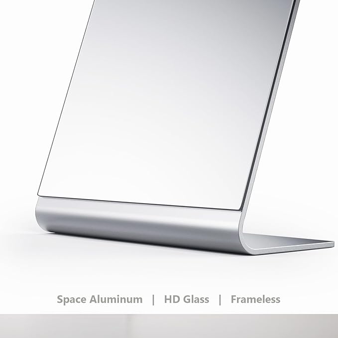 12"x7" Frameless Makeup Mirror, True 1X Flat Vanity Mirror for Accurate Reflection, Free Standing on Bathroom Vanity, Dresser or Desk, Ideal for Makeup, Shaving & Gifts (Silver)