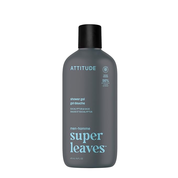 ATTITUDE Shower Gel Body Wash for Men, 98% Natural Origin Ingredients, Paraben & Phthalate Free, EWG Verified, Cleanses Without Drying, Eucalyptus & Sage,14 Fl Oz