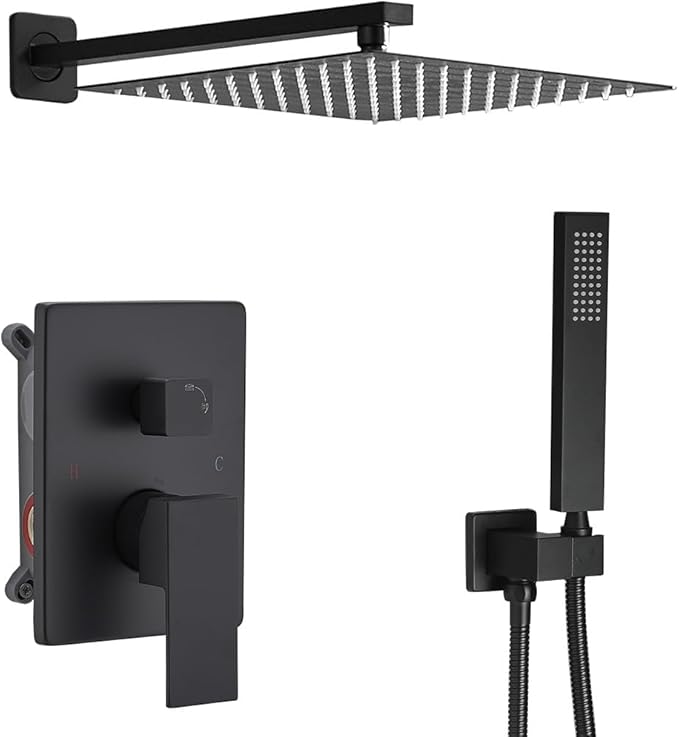 annazom Rainfall Shower System Matte Black Shower Faucet Set with High Pressure 12inch Shower Head Hand Held Square Shower Head Bathroom Luxury Rain Mixer Shower Complete Combo Set Wall Mounted
