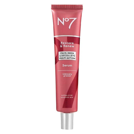 No7 Restore & Renew Multi-Action Face & Neck Serum - Anti Aging Serum for Deep Wrinkle Repair - Collagen Infused Skincare with a Hydrating Blend of Hibiscus Peptides & Hyaluronic Acid (2.5 Fl Oz)