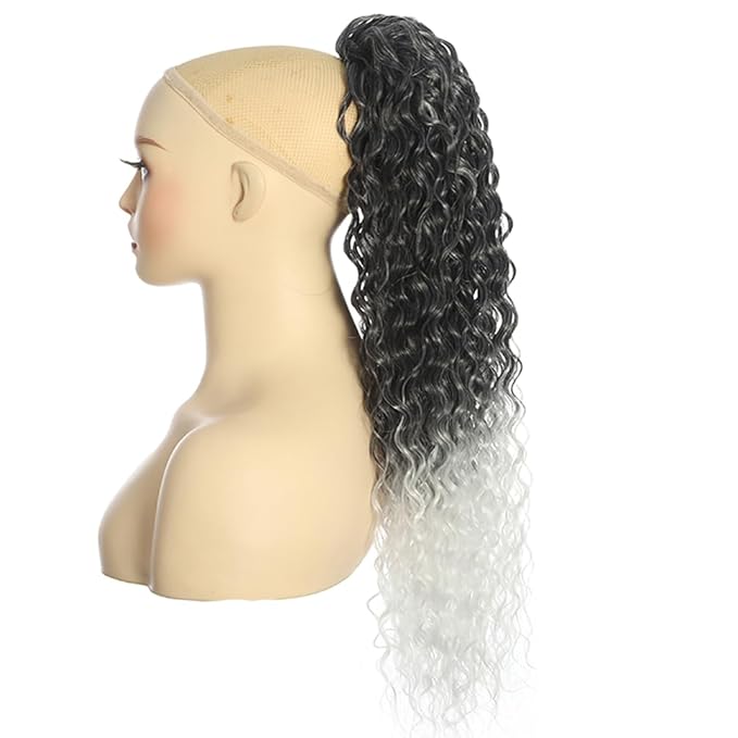 Deep Wave Ponytail Extension for Women 12 Inch Black to White Curly Wavy Ponytail Hair Extensions Drawstring with Clips Short Synthetic Hairpiece for Daily and Party
