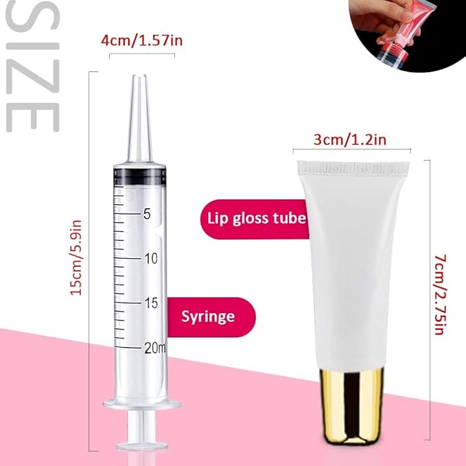 AMORIX 50PCS Lip Gloss Tubes 5ml Gold Cap Lip Gloss Containers Empty Lip Balm Tubes Refillable Squeeze Lipgloss Tubes + 2 x 20ml Syringes Tag Labels for DIY Lip Gloss Base Glitter