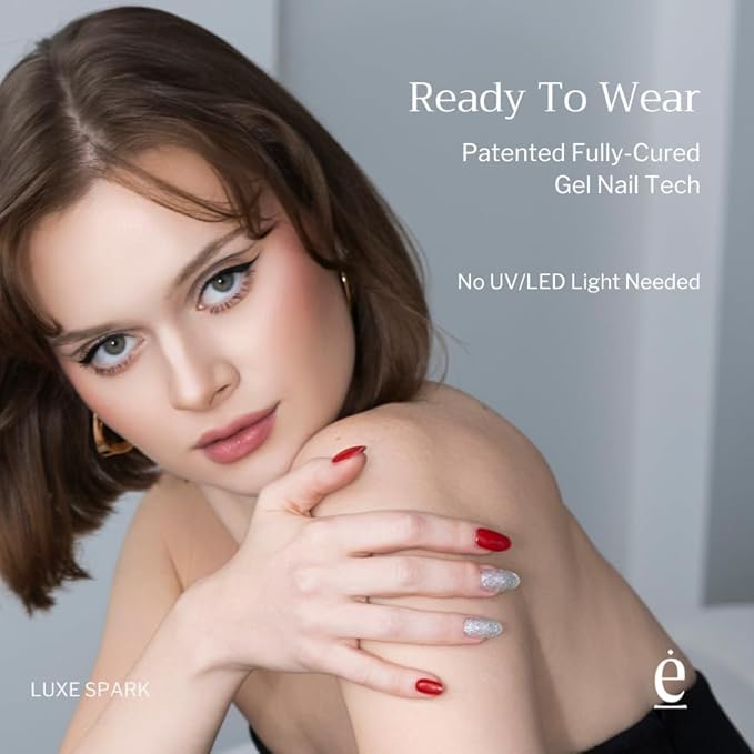 34 Piece Fully Cured Gel Nail Strips With No UV Light Needed, 14+ Days Gel Nail Polish Stickers, Salon Quality, Easy to Apply & Remove – Toxin Free, No Damage (Luxe Spark)