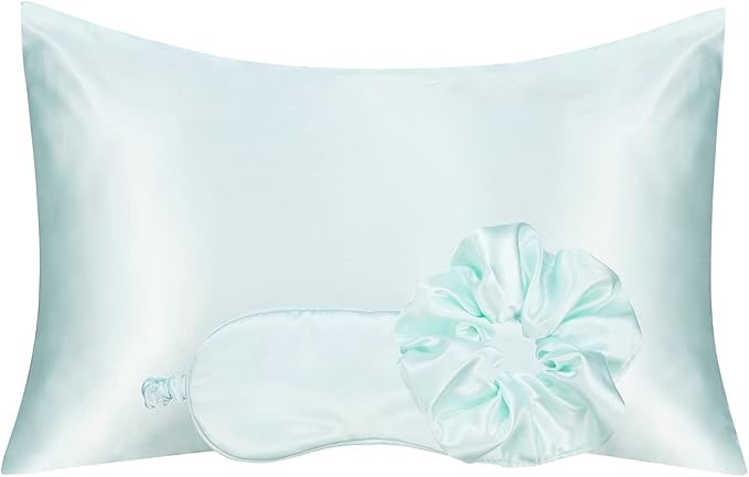 KISMETICS - Vegan Silk Sleep Set, Silky Pillowcase with Large Scrunchie and Eye Mask for Hair and Skin, Self Care Essential Satin Night Routine Kit (Mint Blue Color)
