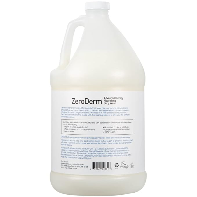 Ginger Lily Farms Botanicals ZeroDerm Advanced Therapy Nourishing Body Wash, 100% Vegan & Cruelty-Free, Fragrance Free, 1 Gallon Refill (Pack of 4)