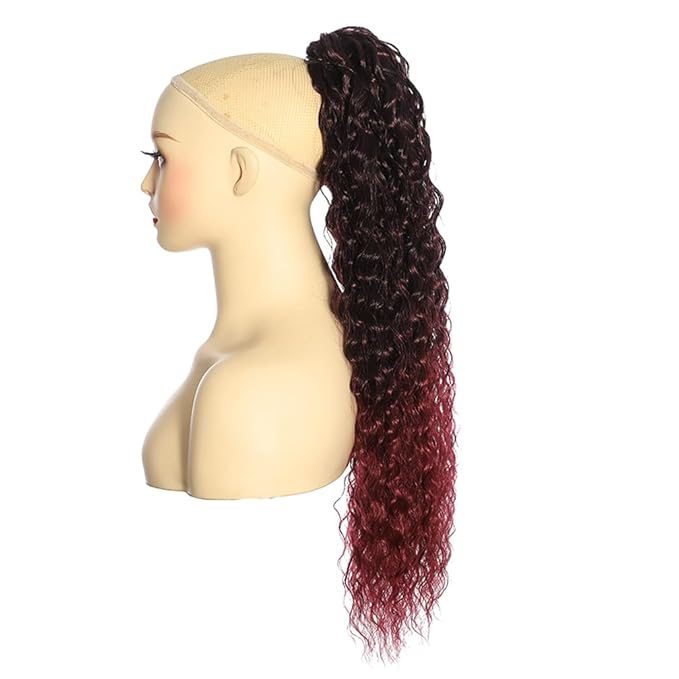 Deep Wave Ponytail Extension for Women 24 Inch Black to Burgundy Red Curly Wavy Ponytail Hair Extensions Drawstring with Clips Short Synthetic Hairpiece for Daily and Party