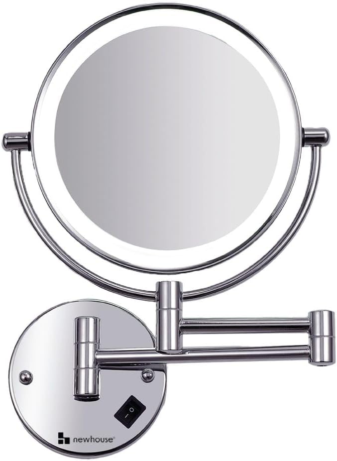 Newhouse Chrome LED Hardwired Magnifying Mirror NHMM-001-H, Lighted Makeup Mirror with Magnification, Round Arm-Mounted Mirror with Halo Light