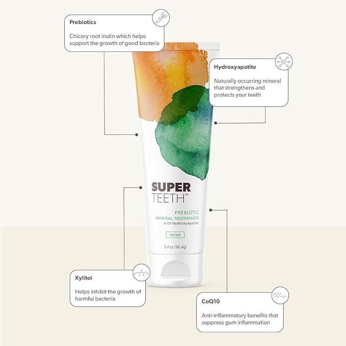 SuperTeeth Hydroxyapatite, Fluoride-Free Toothpaste with Prebiotics & Xylitol | Remineralizing Toothpaste That Freshens Breath, Fights Cavities & Plaque Buildup | Mint Flavored, Made in The USA
