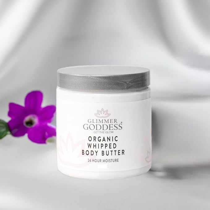 GLIMMER GODDESS Organic Whipped Body Butter for Women - Moisturizer Cream with Shea & Cocoa Butter, Almonds & Coconut Oil - Mango Vanilla, 8oz