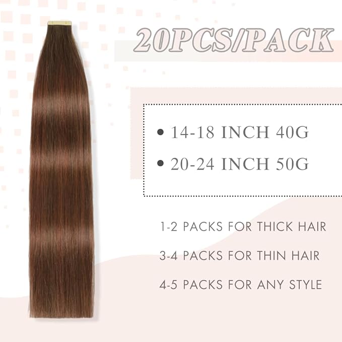 Tape in Hair Extensions Human Hair 20pcs Remy Hair Extensions 18 Inch Chestnut Brown Mixed Dark Auburn Human Hair Tape in Extensions Skin Weft Tape Extensions Human Hair (4/4/33#,18 Inch)