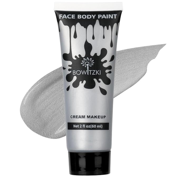 Bowitzki Face and Body Paint 2oz Cream Makeup 60ml Water Based Face Painting Special Effects For Adults Halloween Christmas Party Stage Cosplay (Silver)