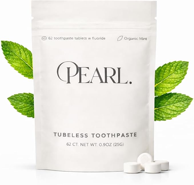 Pearl Fluoride Mint Toothpaste Tablets | Dentist Designed | Natural Whitening | Sensitivity Relief | TSA Approved | Plastic-Free | Reusable Packaging (62 Tablets)