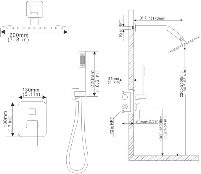 YCAIKOI Brushed Nickel Shower System, 8 Inch High Pressure Rain Shower with Handheld, Wall Mount Shower Faucet Set for Bathroom, Rough-in Valve Body and Trim Included