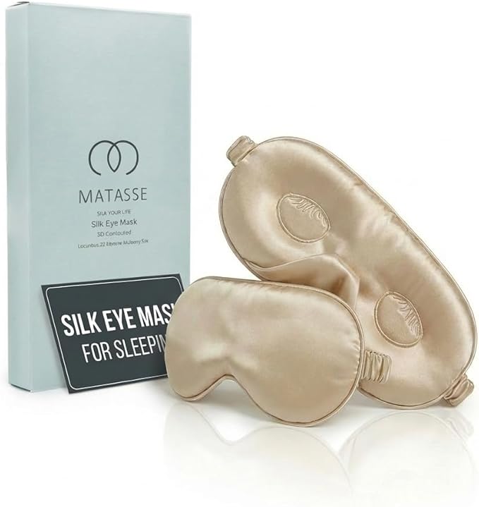MATASSE 100% Mulberry Silk Sleep Mask 22 Momme Grade 6A - 3D Contoured Eye Mask for Sleeping, 14mm Deep Eye Cups, Total Blackout Blindfold for Women Men, Adjustable Strap, Side Sleeper (Champagne)