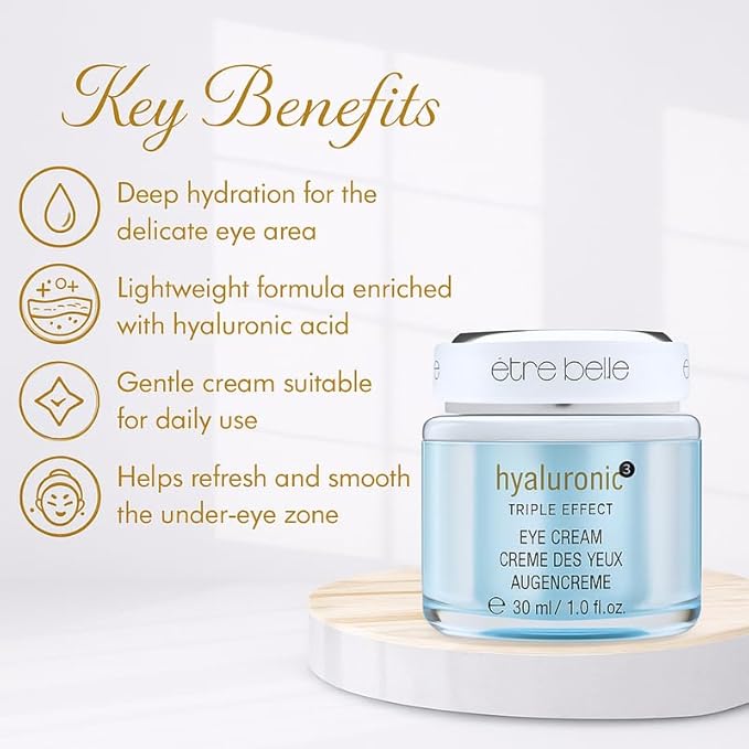 êb être belle Under Eye Cream with Hyaluronic Acid 3D, Skin Care for Women, Lightweight Hydrating Under Eye Cream, Eyeseryl & Grape Seed Oil, for All Skin Types, 30 mL