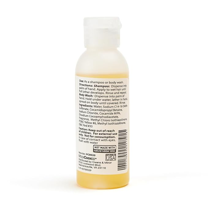 MediChoice Shampoo and Body Wash Bath Gel in One - Mild Scent, Non-Irritating, Flip-Top Cap - Bulk Travel Size for Hotels Travelers Hospitals 2oz. PC8020 Case 144