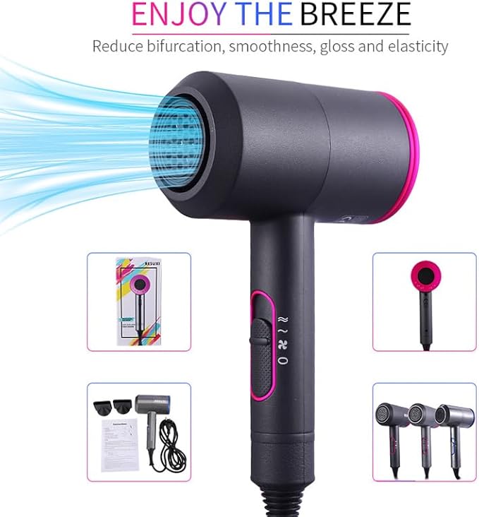 Ionic Hair Dryer, 1800W Fast Drying, Low Noise Hair Dryer with Diffuser and 2 Concentrator Nozzles for Home, Salon & Travel