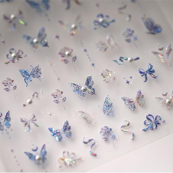 Butterfly Nail Stickers for Nail Art 5D Embossed Aurora Butterfly Nail Stickers with Pearl Flower Design Butterfly Nail Decals Spring Summer Nail Supplies for Women Girls Manicure Decoration