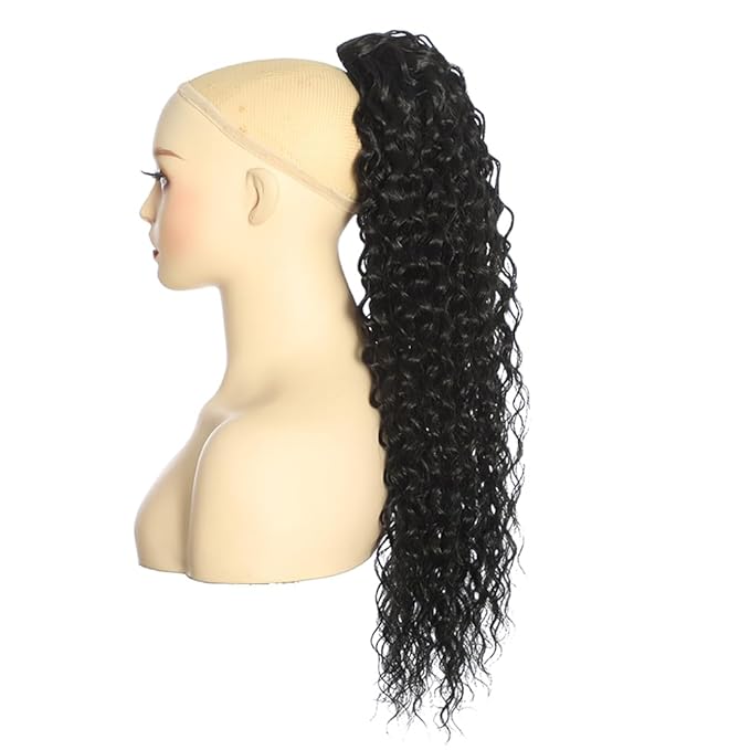 Deep Wave Ponytail Extension for Women 24 Inch Black Curly Wavy Ponytail Hair Extensions Drawstring with Clips Short Synthetic Hairpiece for Daily and Party