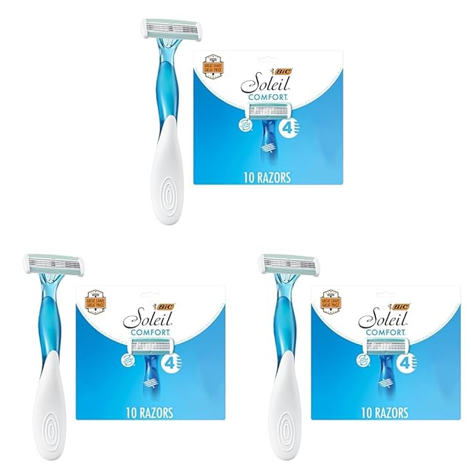 BIC Soleil Comfort Disposable Razors for Women, Sensitive Skin Razor with Aloe Vera and Vitamin E Lubricating Strip and 4 Blades, 10 Piece Razor Set (Pack of 3)