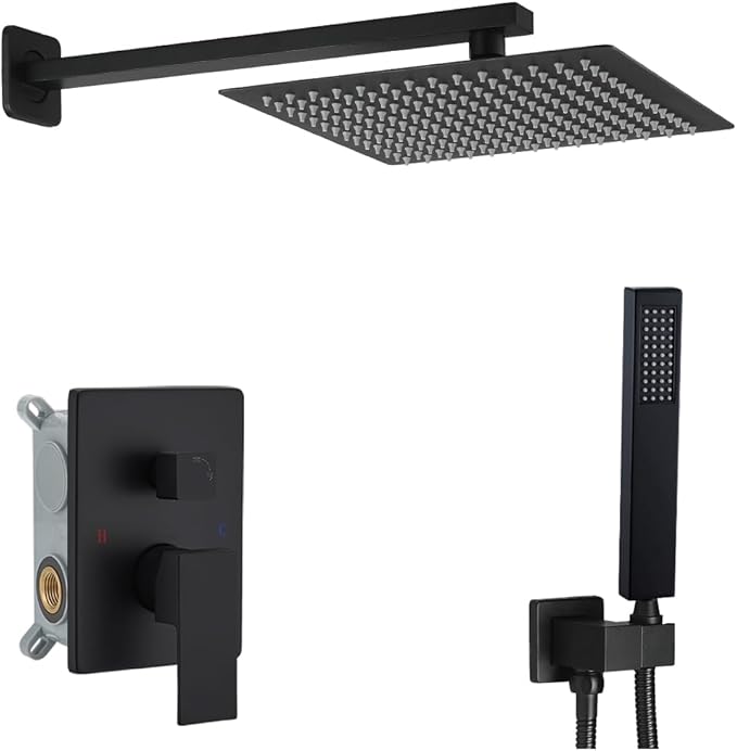 YCAIKOI Shower Faucet Set 16 Inch Wall Mount Rain Shower System, All Metal Shower Fixtures - Matte Black