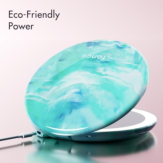 Fancii Taylor LED Lighted Travel Makeup Mirror, Rechargeable, 10x /1x Magnifying, Tru-Glow Lighting System, XL Large 5” Wide | Compact Mirror for Purses (Sea Serenity)